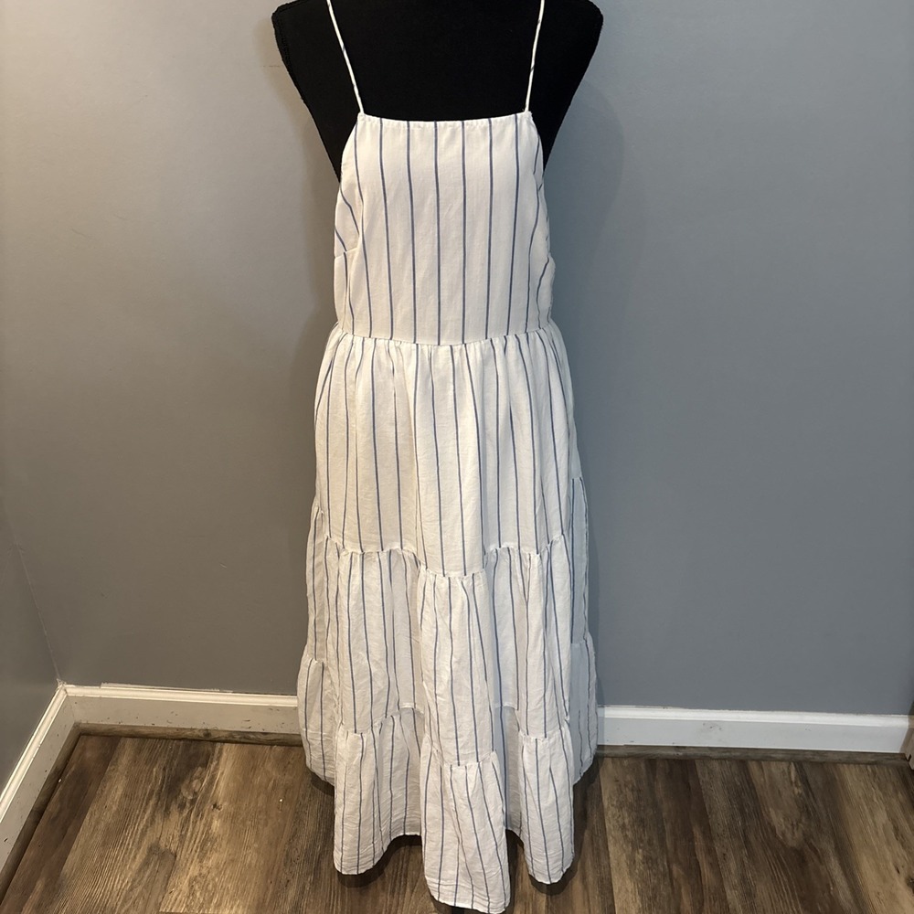 American Eagle Apron Neck Tiered  Dress White Blue Striped Women's‎ Large NWT
